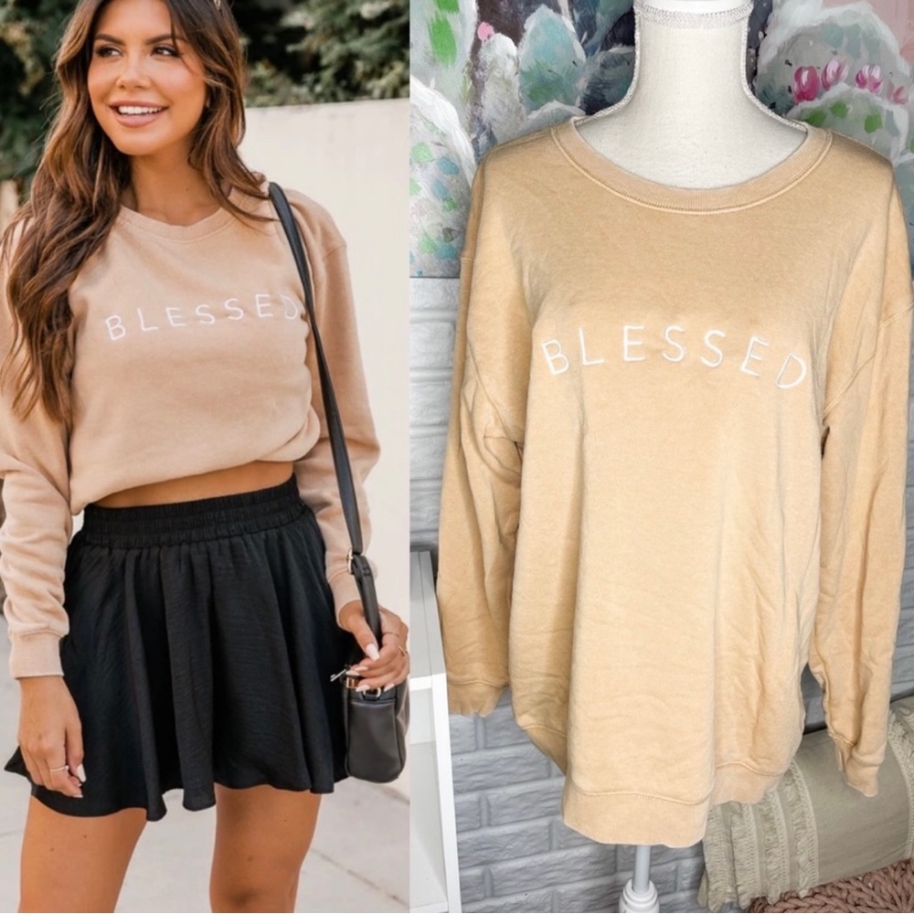 Pink Lily Blessed Embroidered Gold Graphic Sweater